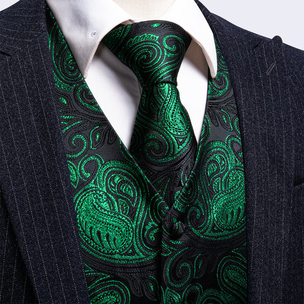 2PCS Luxury Black Green Shining Paisley Jacquard Men's Vest Tie Set