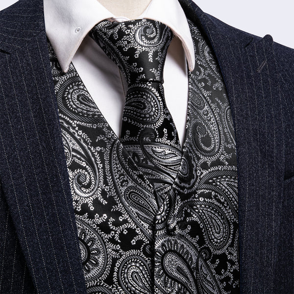 2PCS Luxury Black Grey Shining Paisley Jacquard Men's Vest Tie Set