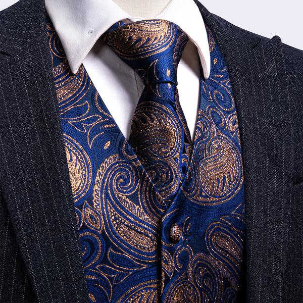 2PCS Luxury Golden Blue Shining Paisley Jacquard Men's Vest Tie Set