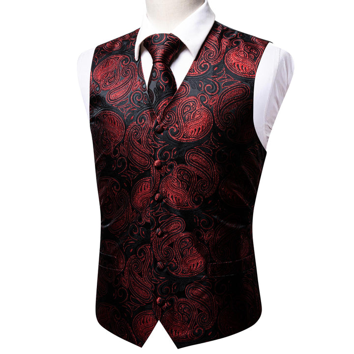 2PCS Luxury Black Red Shining Paisley Jacquard Men's Vest Tie Set ...