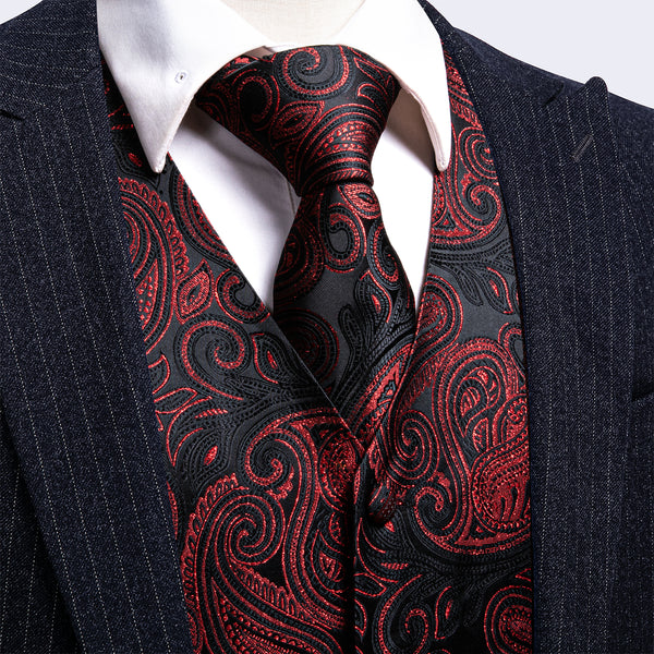 2PCS Luxury Black Red Shining Paisley Jacquard Men's Vest Tie Set