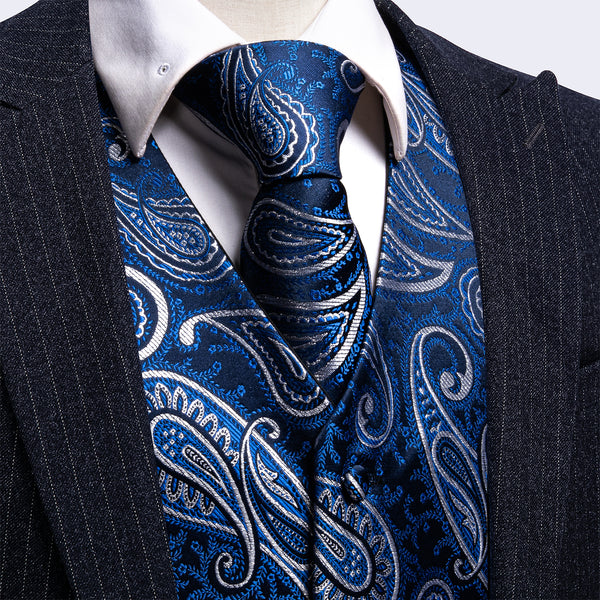 2PCS Blue White Shining Paisley Jacquard Men's Vest Tie Set