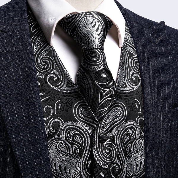 2PCS Black White Shining Paisley Jacquard Men's Vest Tie Set