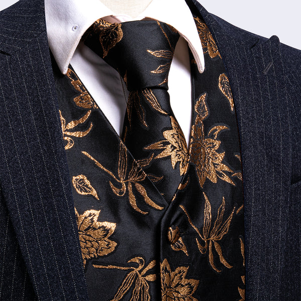 2PCS Black Golden Shining Floral Jacquard Men's Vest Tie Set