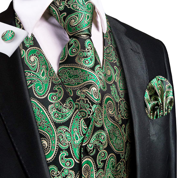 Black Green Paisley Jacquard Silk Men's Vest Hanky Cufflinks Tie Set