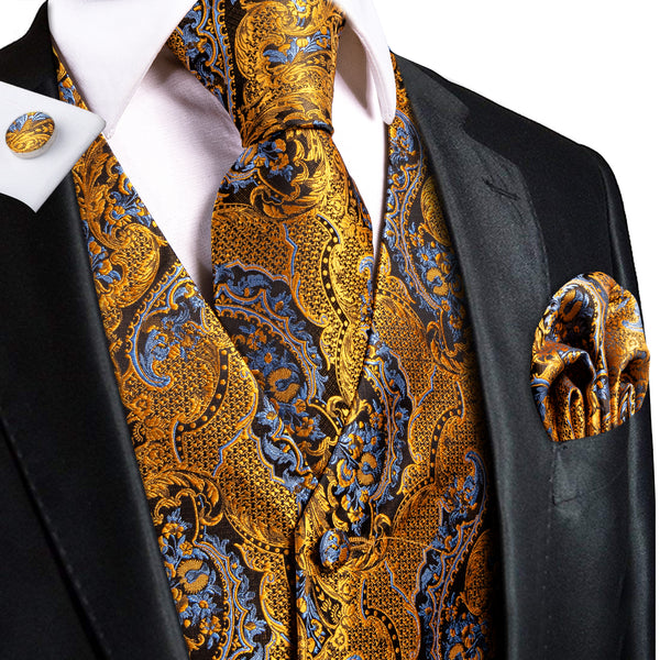 Golden Blue Paisley Jacquard Silk Men's Vest Hanky Cufflinks Tie Set
