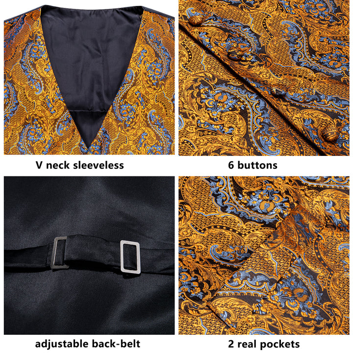 Golden Blue Paisley Jacquard Silk Men's Vest Hanky Cufflinks Tie Set ...