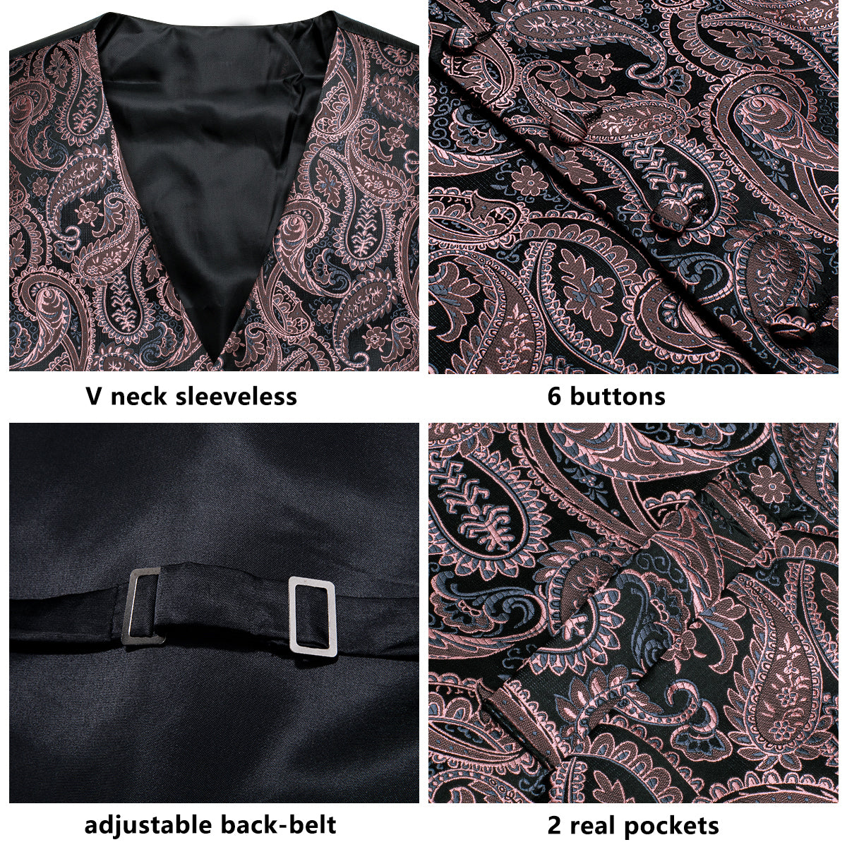 Black Pink Paisley Jacquard Silk Men's Vest Hanky Cufflinks Tie Set ...
