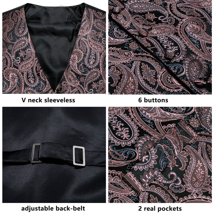 Black Pink Paisley Jacquard Silk Men's fancy vest outfit