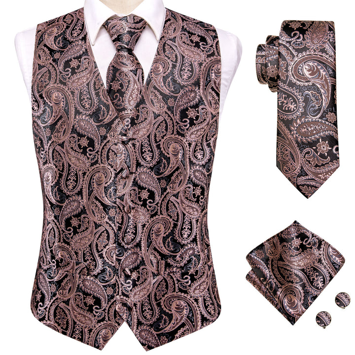 Black Pink Paisley Jacquard Silk vests for mens suits