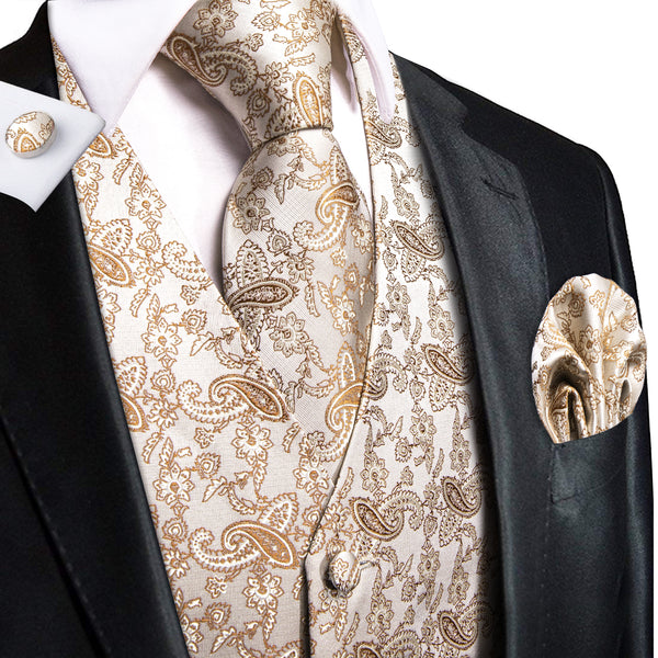 New Champagne White Paisley Jacquard Silk Men's Vest Hanky Cufflinks Tie Set