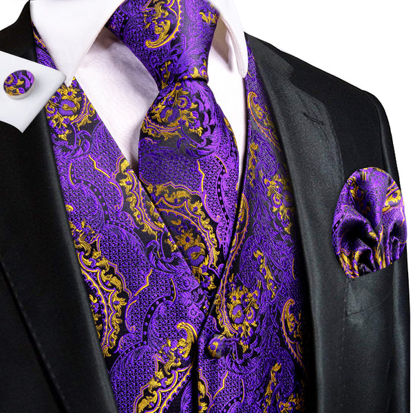 Purple Golden Paisley Jacquard Silk Men's Vest Hanky Cufflinks Tie Set