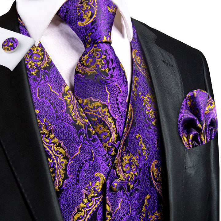 Purple Golden Paisley silk vests for men
