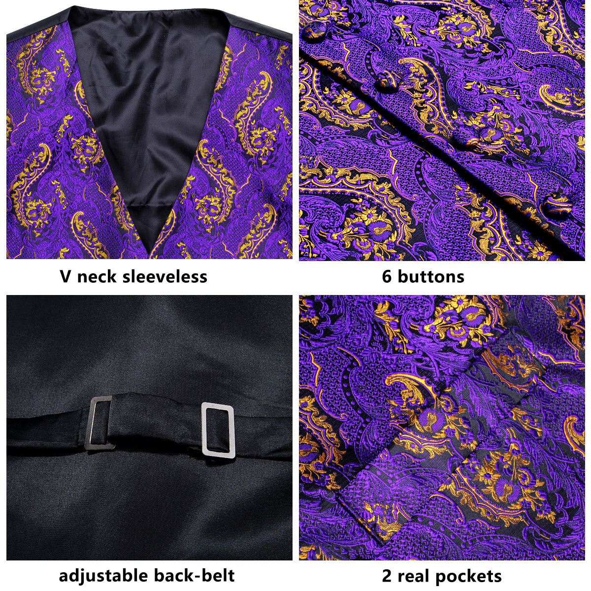 Purple Golden Paisley Jacquard Silk Men's Vest Hanky Cufflinks Tie Set ...