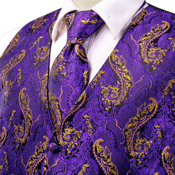 Purple Golden Paisley Jacquard Silk Men's suit vest outfit
