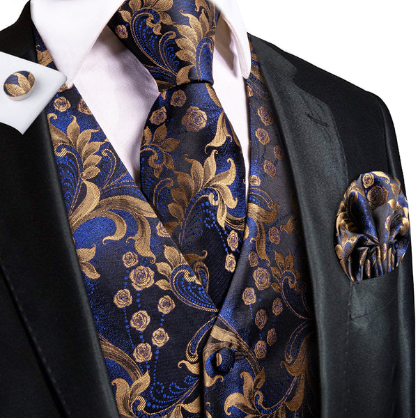 Royal Blue Floral Jacquard Silk Men's Vest Hanky Cufflinks Tie Set