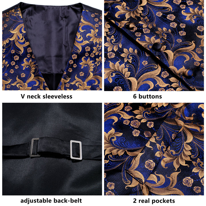 Royal Blue Floral Jacquard Silk Men's Vest Hanky Cufflinks Tie Set ...