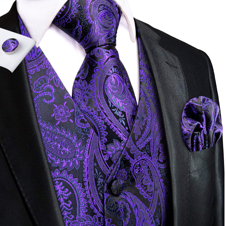 Black Purple Paisley silk dress vest for men