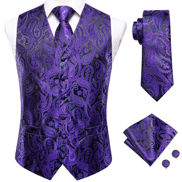 Black Purple Paisley Jacquard Silk Men's Vest Hanky Cufflinks Tie Set ...