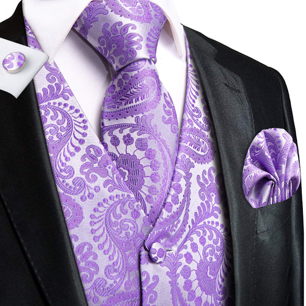 Silver Purple Paisley Jacquard Silk Men's Vest Hanky Cufflinks Tie Set