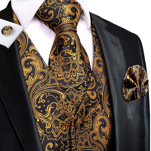 Black Golden Paisley Jacquard Silk Men's Vest Hanky Cufflinks Tie Set