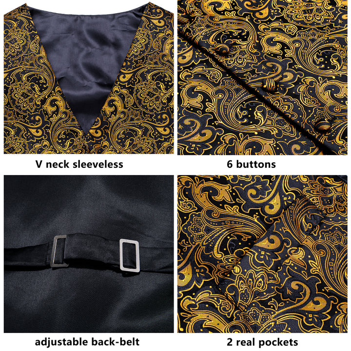 Black Golden Paisley Jacquard Silk Men's Vest Hanky Cufflinks Tie Set ...