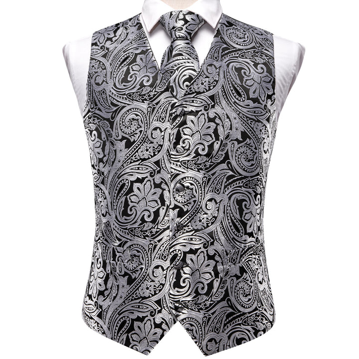 Black White Paisley Jacquard Silk Men's Vest Hanky Cufflinks Tie Set ...