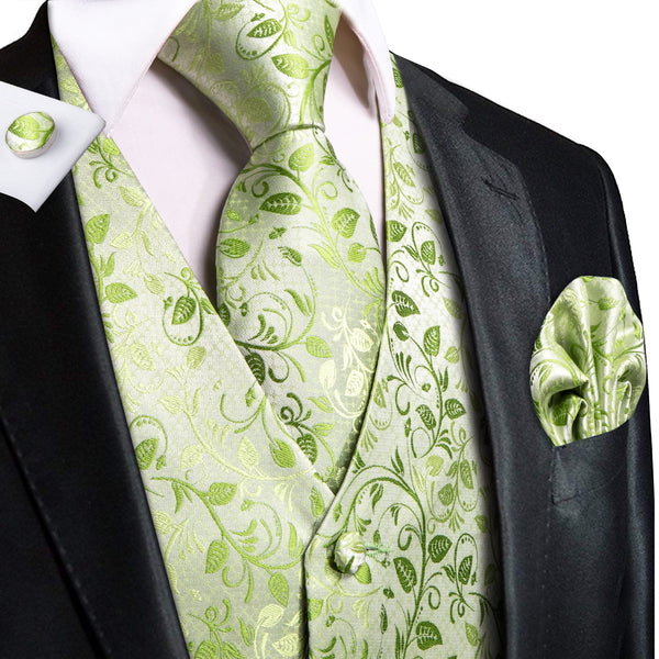 Apple Green Floral Jacquard Silk Men's Vest Hanky Cufflinks Tie Set