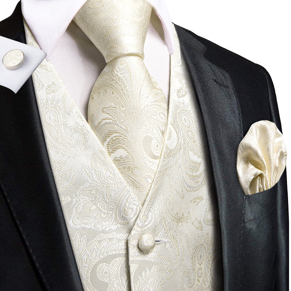 Beige White Paisley Jacquard Silk Men's Vest Hanky Cufflinks Tie Set
