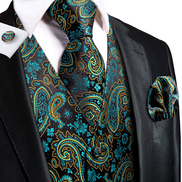 Black Lake Blue Paisley Jacquard Silk Men's Vest Hanky Cufflinks Tie Set