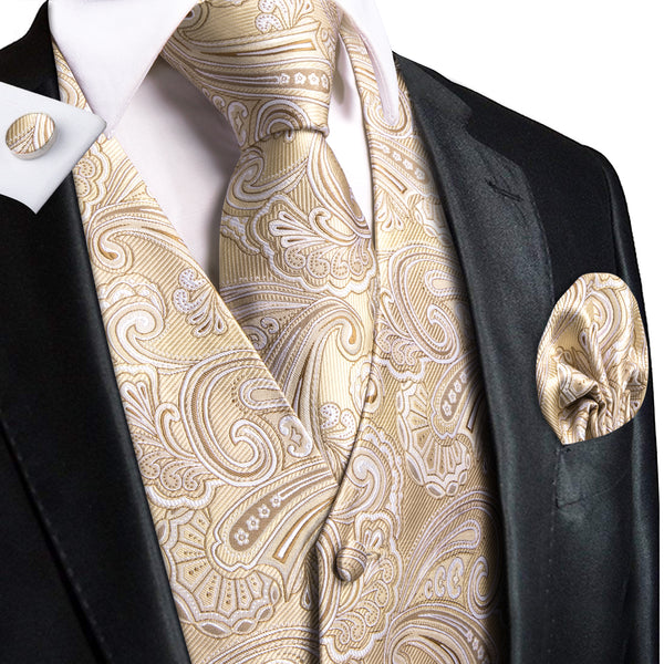 Light Champagne Paisley Jacquard Silk Men's Vest Hanky Cufflinks Tie Set