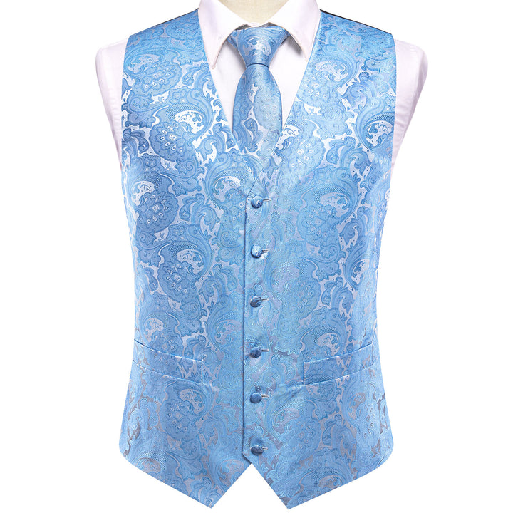 Sky Blue Paisley Jacquard Silk Men's fancy suit vest