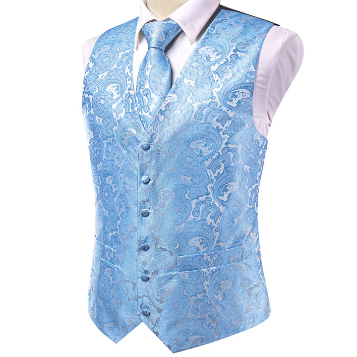 Sky Blue Paisley Jacquard Silk formal vest men
