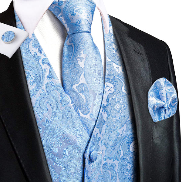 Sky Blue Paisley Jacquard Silk Men's Vest Hanky Cufflinks Tie Set