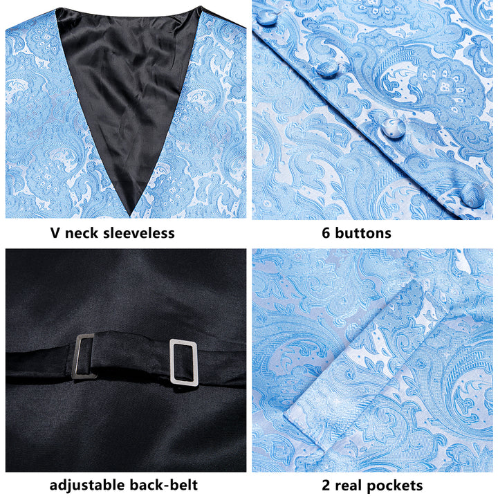 Sky Blue Paisley Jacquard Silk Men's vests suit