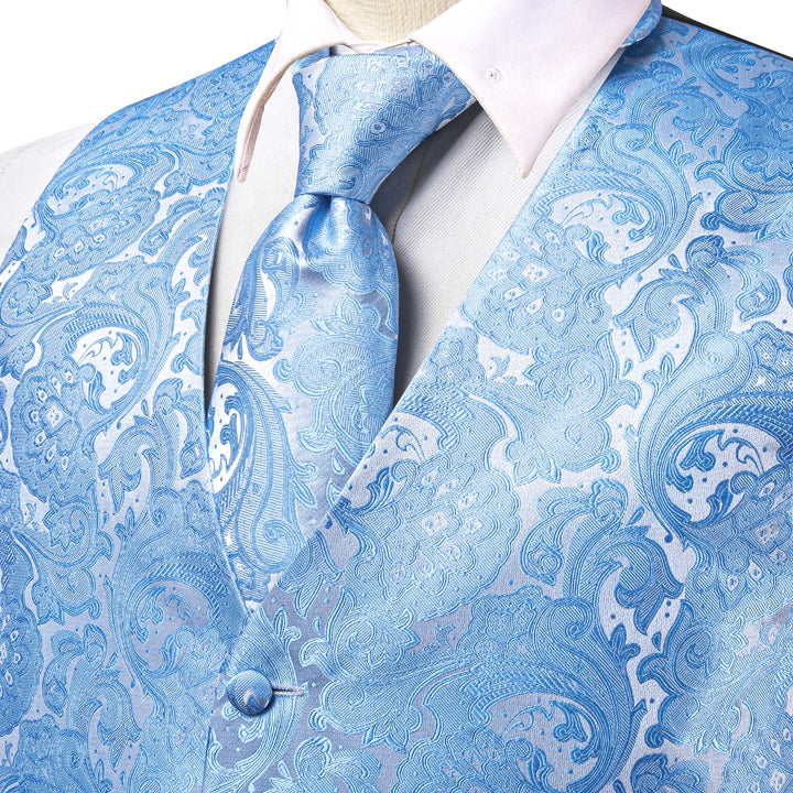 Sky Blue Paisley Jacquard Silk vest outfits mens
