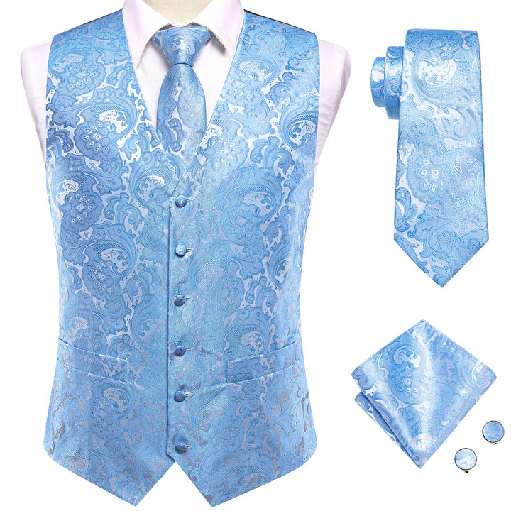 Sky Blue Paisley Jacquard Silk Men's vest outfits for guys