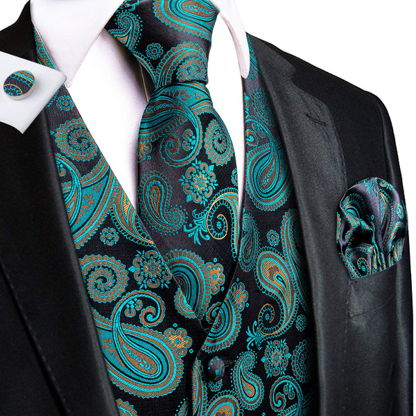 Black Green Paisley Jacquard Silk Men's Vest Hanky Cufflinks Tie Set