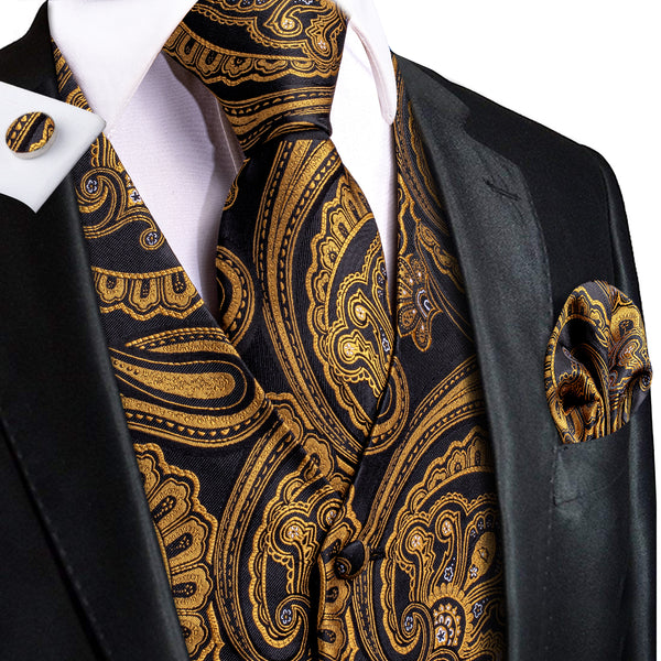 Luxury Black Golden Paisley Jacquard Silk Men's Vest Hanky Cufflinks Tie Set