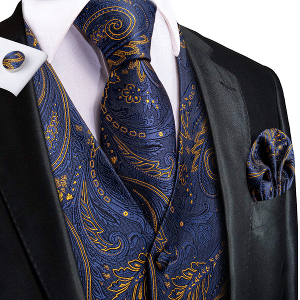 Dark Blue Golden Paisley Jacquard Silk Men's Vest Hanky Cufflinks Tie Set