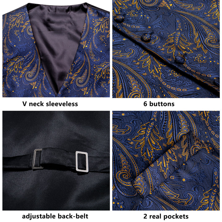 Dark Blue Golden Paisley Jacquard Silk Men's Vest Hanky Cufflinks Tie ...
