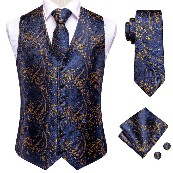 Dark Blue Golden Paisley Jacquard Silk Men's Vest Hanky Cufflinks Tie ...