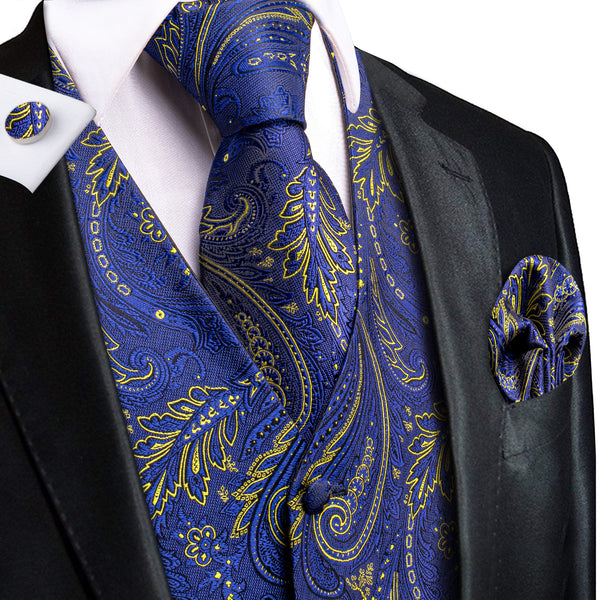 Royal Blue Yellow Paisley Jacquard Silk Men's Vest Hanky Cufflinks Tie Set