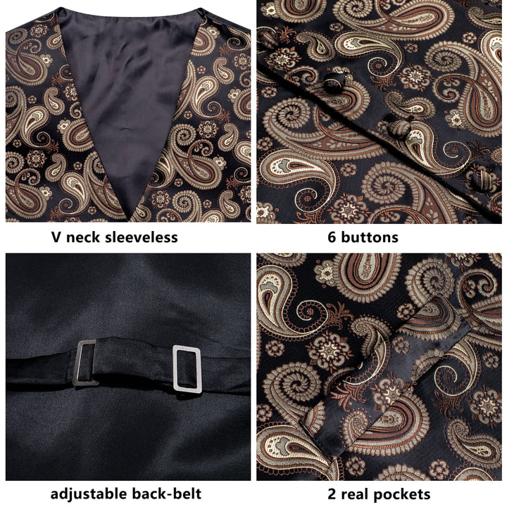 Black Brown Paisley Jacquard Silk Men's Vest Hanky Cufflinks Tie Set ...