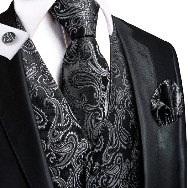 Sliver Black Paisley Jacquard Silk Men's Vest Hanky Cufflinks Tie Set