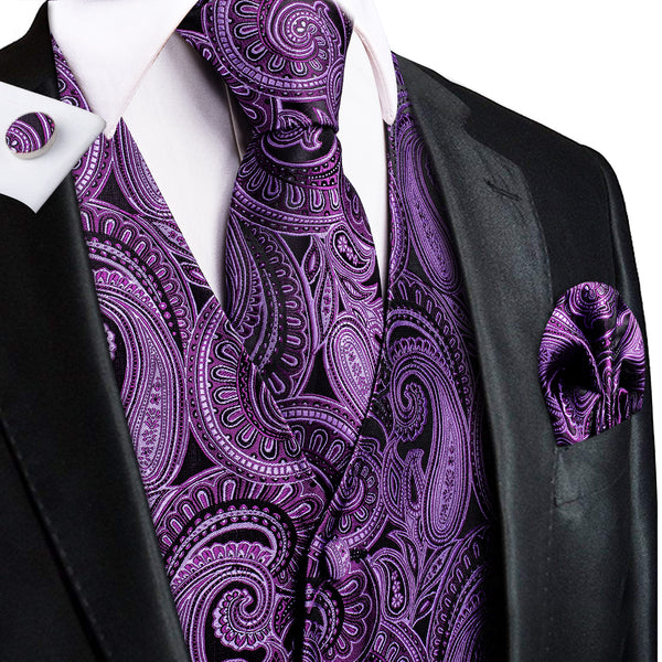 Purple Paisley Jacquard Silk Men's Vest Hanky Cufflinks Tie Set