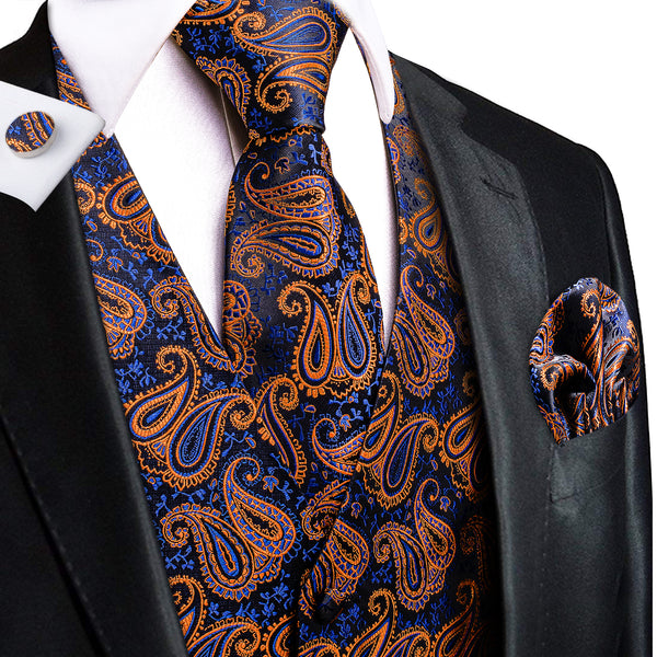 Blue Orange Paisley Jacquard Silk Men's Vest Hanky Cufflinks Tie Set
