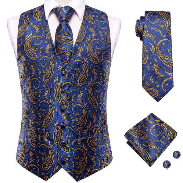 Blue Golden Paisley Jacquard Silk Men's Vest Hanky Cufflinks Tie Set