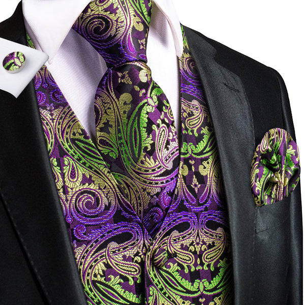 Green Purple Gradient Paisley Jacquard Silk Men's Vest Hanky Cufflinks Tie Set