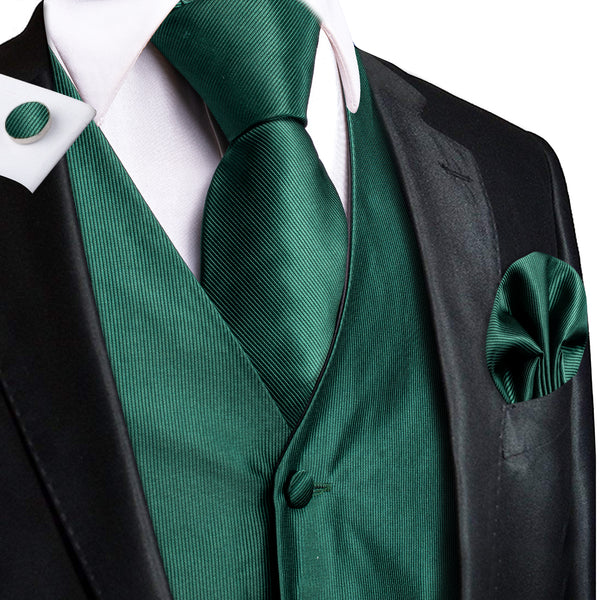 Dark Green Solid Jacquard Silk Men's Vest Hanky Cufflinks Tie Set